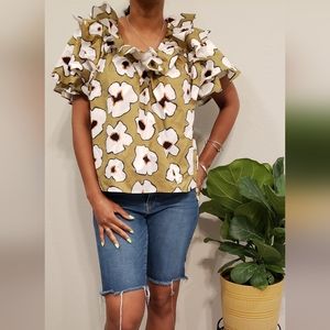 Crosby, women's fun floral ruffle top! Small, brown/ white, bohemian 100% cotton